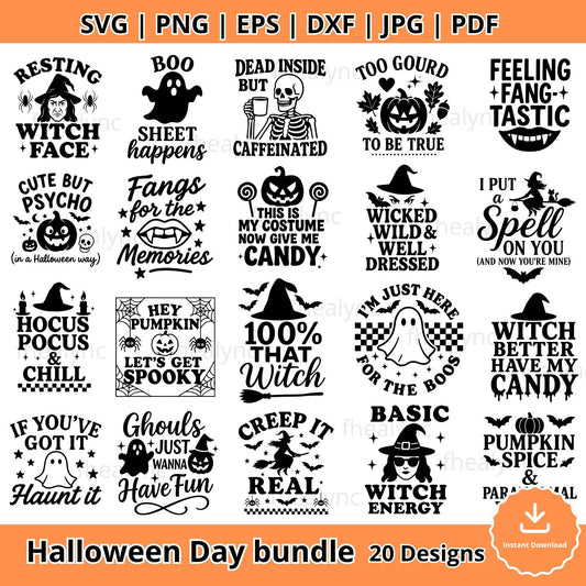 Halloween Day SVG Bundle, 20 Funny Spooky Quotes, Witch Ghost Skeleton Png Eps Dxf Jpg Pdf, Halloween Shirt Designs for Cricut & Sublimation