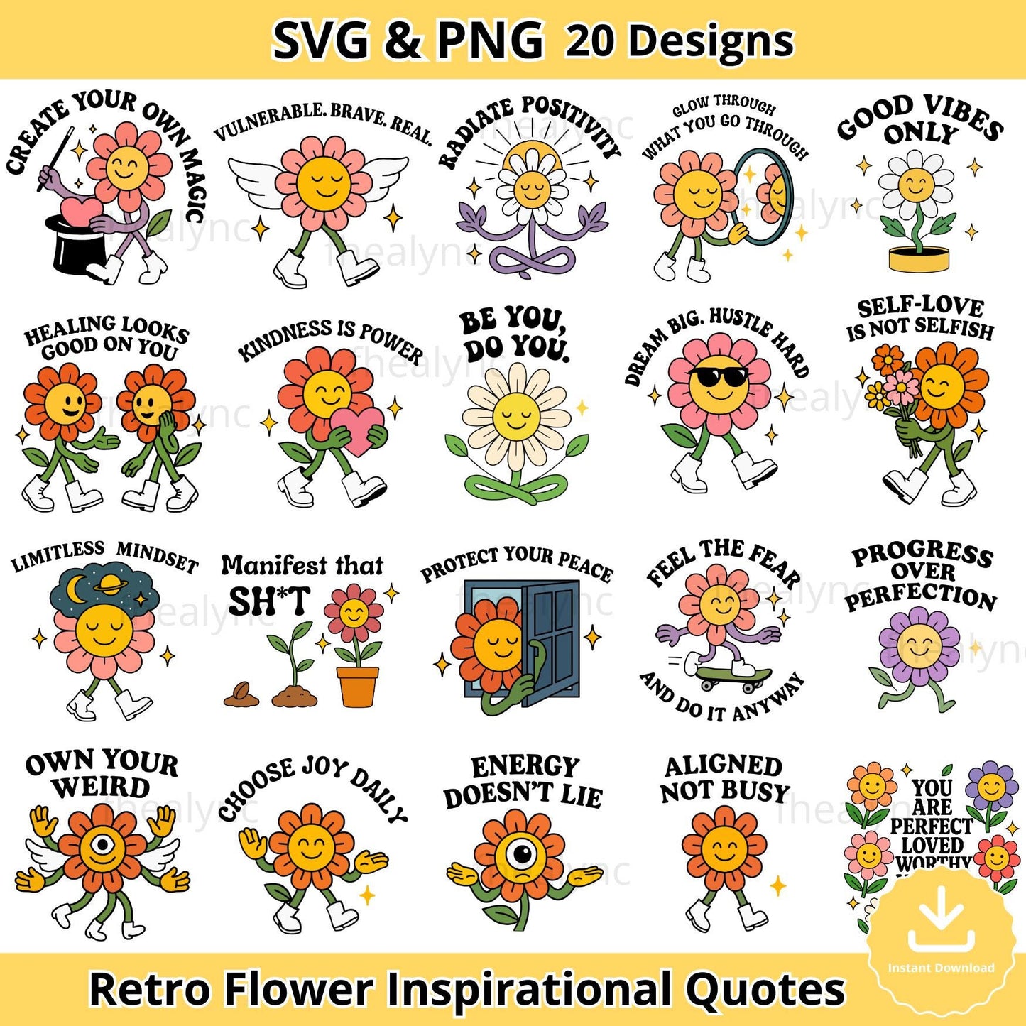Retro Flower SVG Bundle: Inspirational Floral Quotes (PNG, SVG)