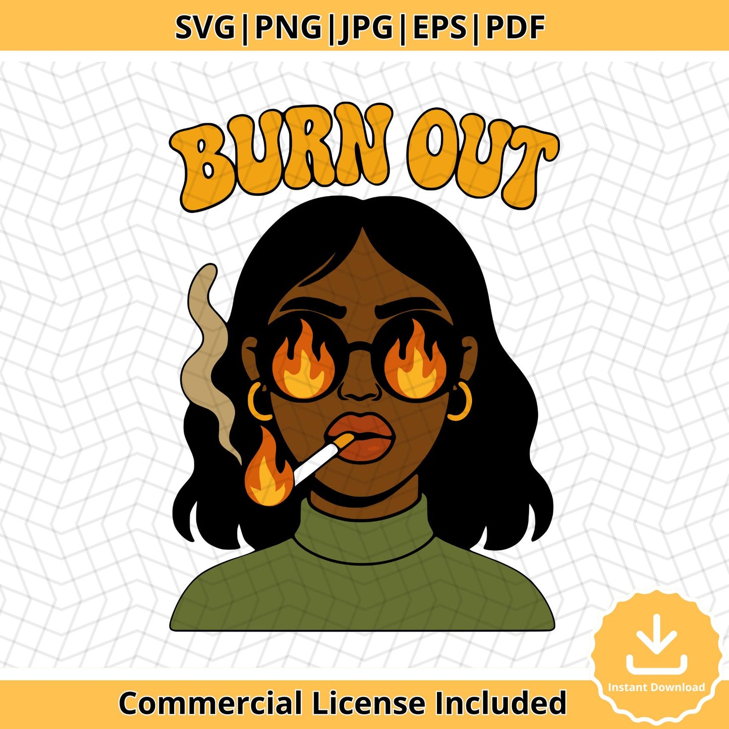Burnout Girl Svg Png Pdf Eps Jpg, Mental Health Self-Care Clipart, Retro Fire Aesthetic Woman Smoking Art, Woman Smoking with Fire Eyes Svg