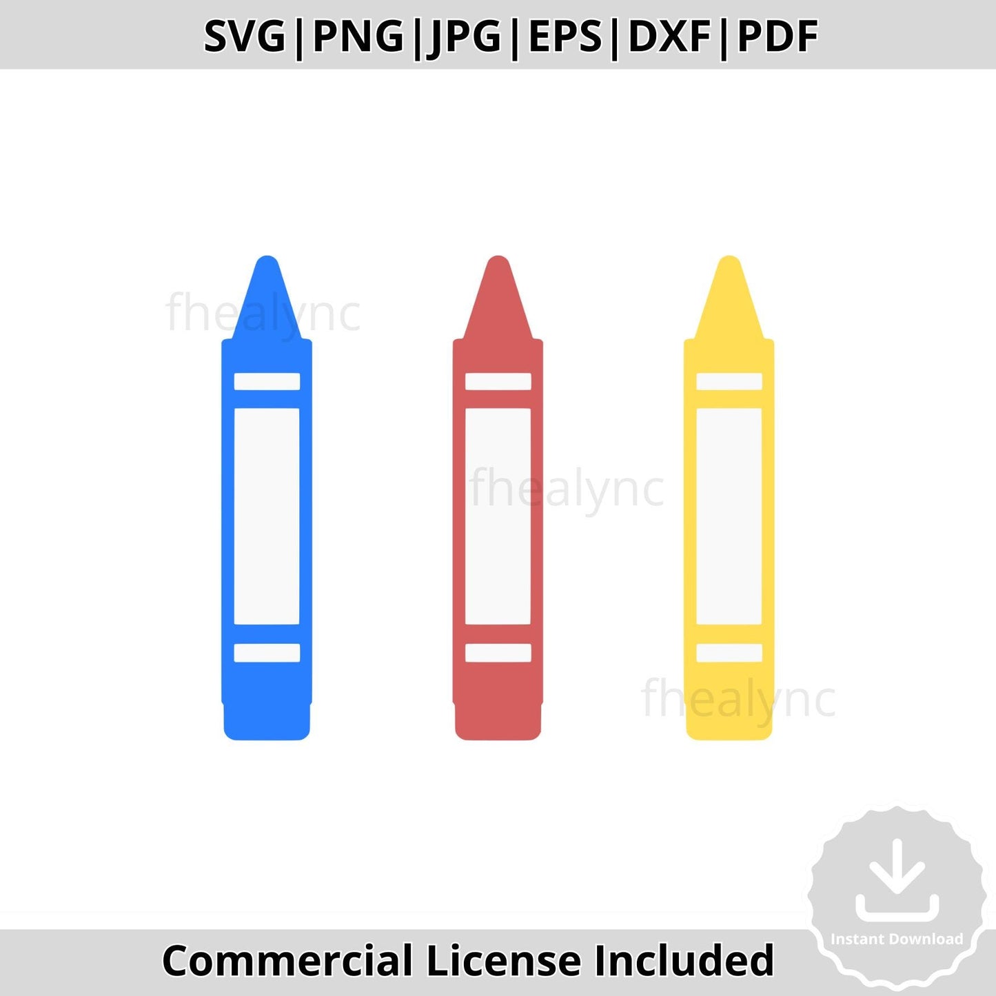 Crayons SVG Clipart, Back to School Digital Download, Blue Red Yellow Crayons Png Pdf Eps Jpg Dxf for Teachers & Kids