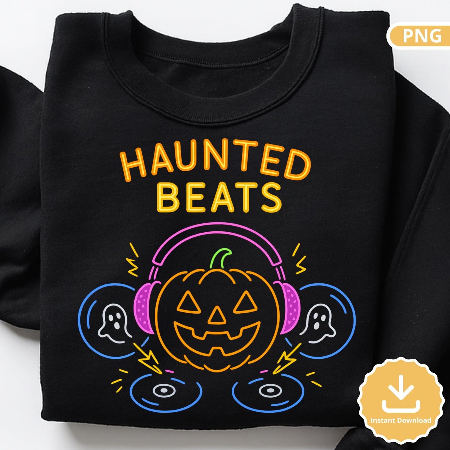 Neon Halloween Pumpkin DJ PNG: Haunted Beats T-Shirt Design (Digital Download