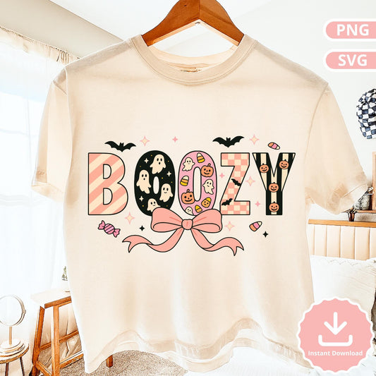 Boozy Halloween PNG SVG, Cute Ghost Pumpkin Candy Clipart, Pink Halloween T-Shirt Design, Retro Halloween Boo PNG, Instant Digital Download