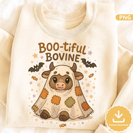 Boo-tiful Bovine Halloween PNG, Cute Cow Ghost Clipart, Farm Animal Digital Download, Spooky Fall Sublimation Design for Shirts & Mugs Png