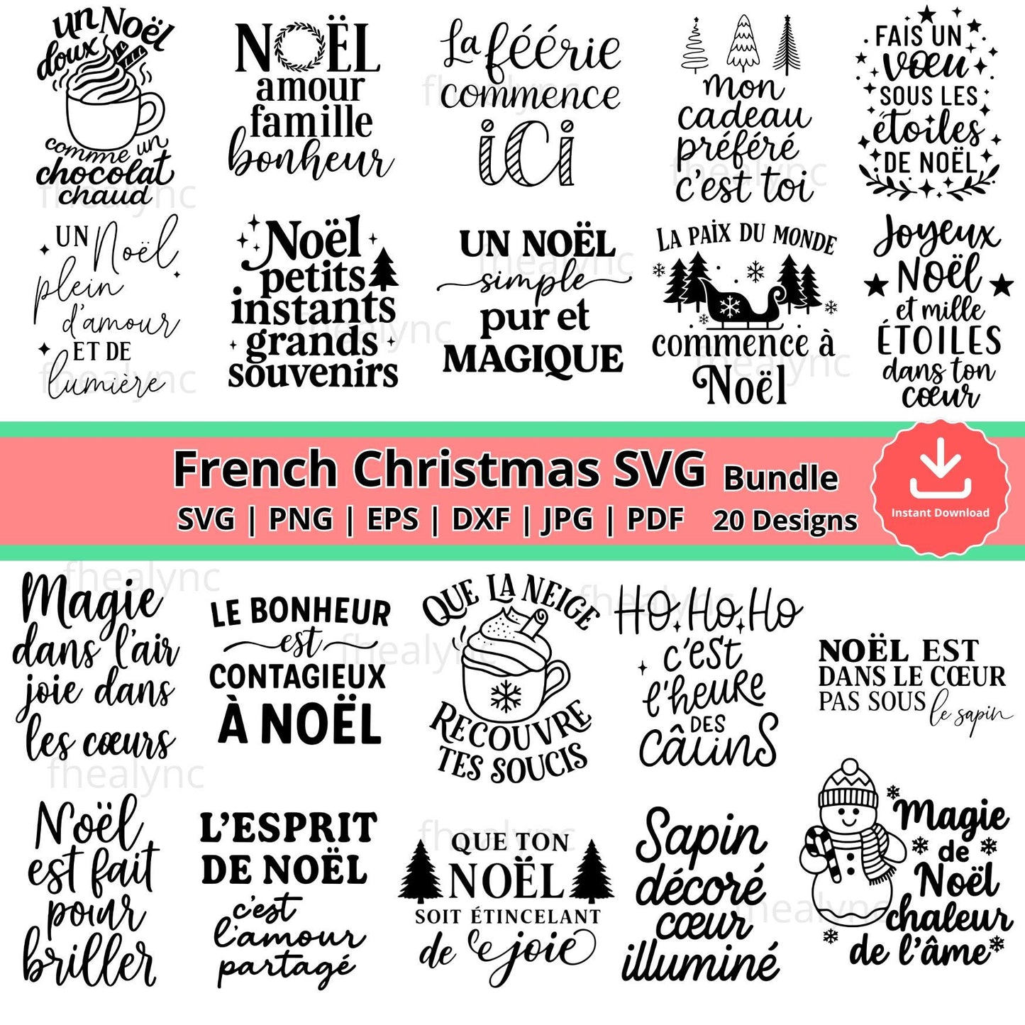 Joyeux Noël SVG Bundle: 20 French Christmas Quote Designs (Digital Download)