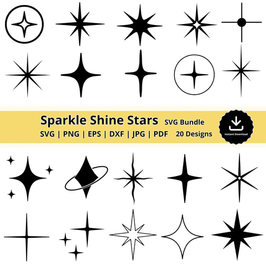 Sparkle Shine Stars SVG Bundle, Retro Starburst & Minimal Spark Clipart, Star Svg Png Dxf Eps Pdf, Cricut Silhouette Cutting Files