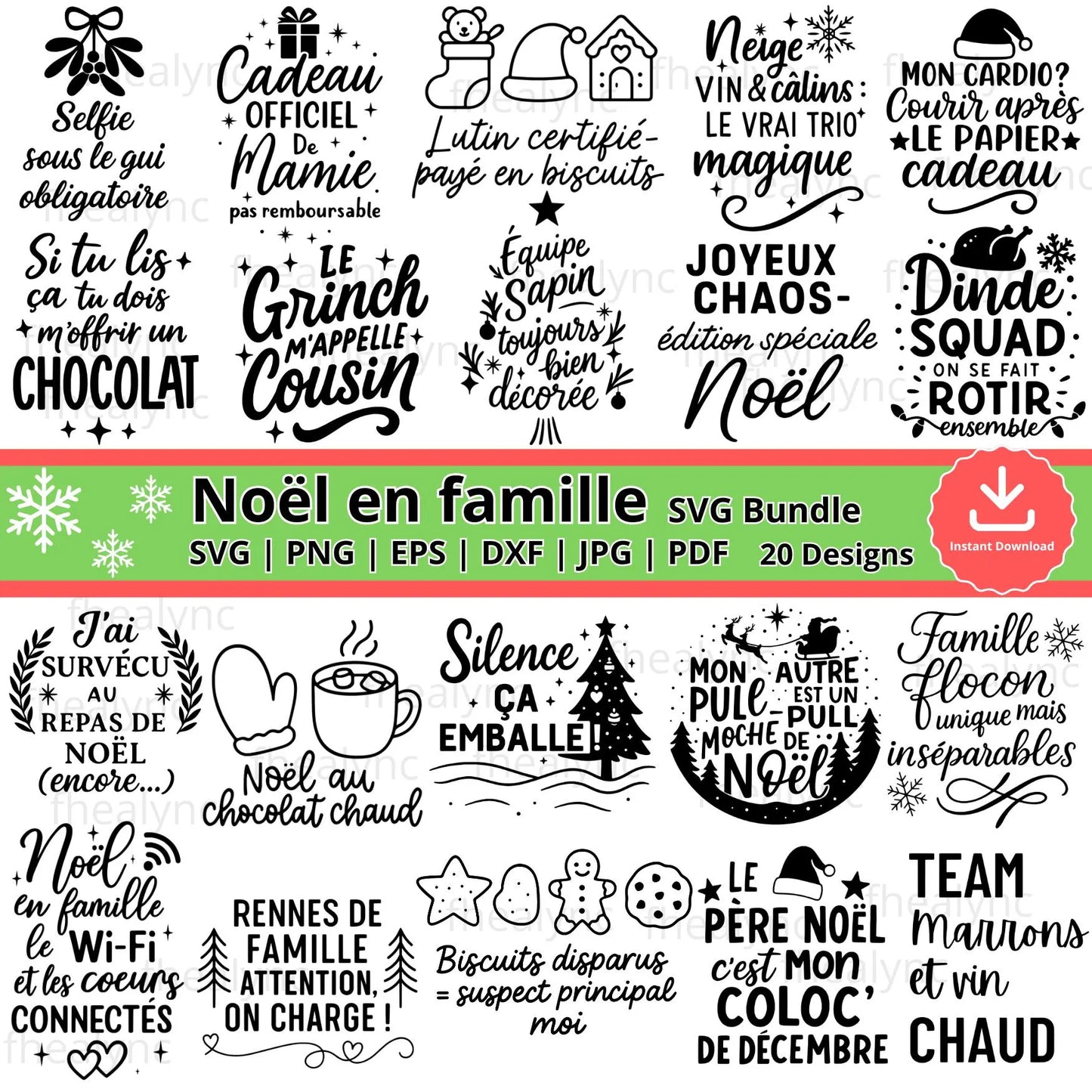 Noël en Famille SVG Bundle, 20 Funny French Family Christmas Quotes, Holiday Cricut Files, Humorous Family Xmas Designs