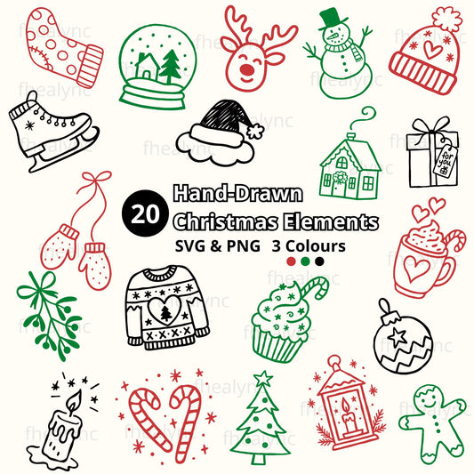 20 Hand Drawn Christmas Elements, Christmas SVG Bundle, Holiday Clipart, Winter Doodle PNG, Cute Festive Line Art, Red Green Black Christmas