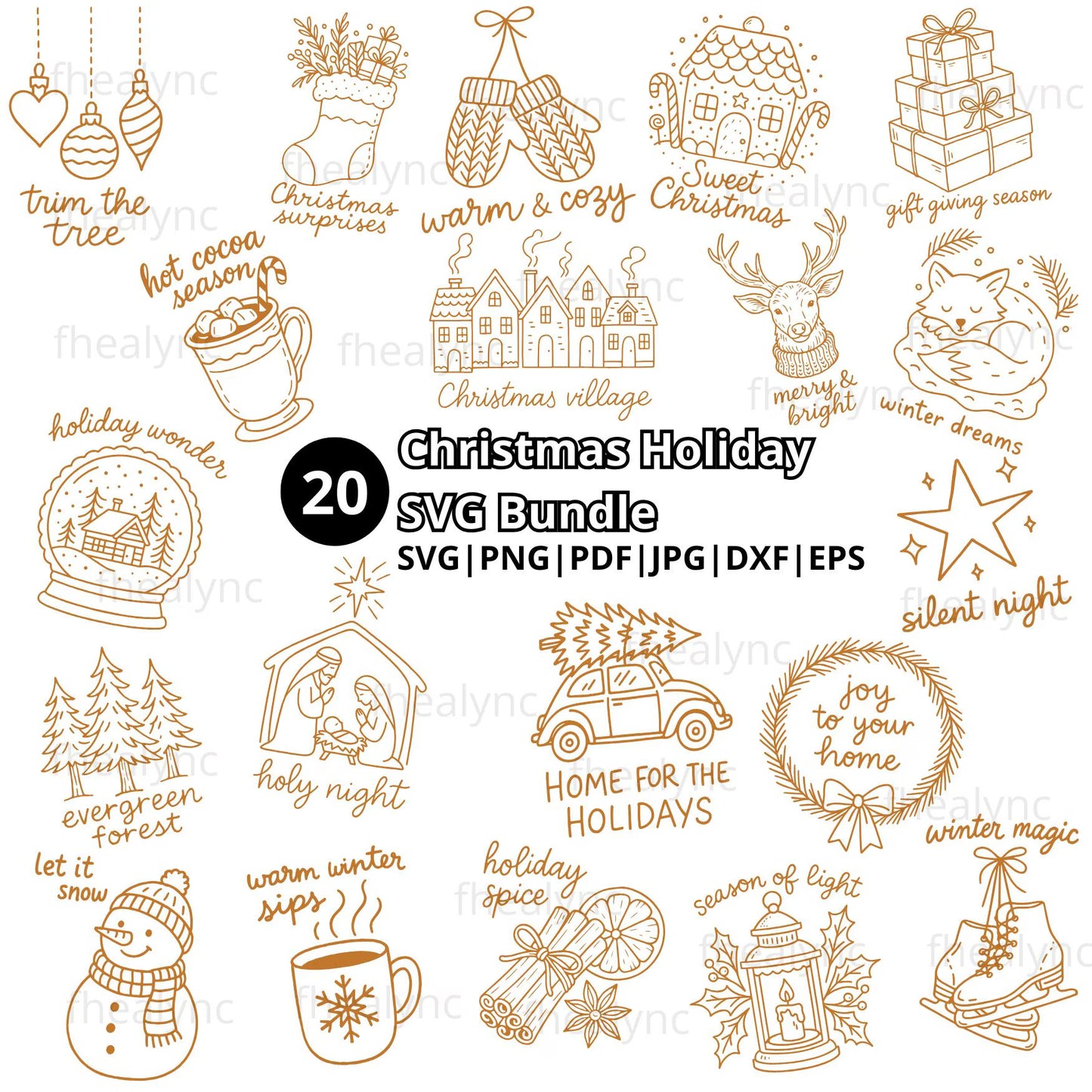 Christmas Holiday SVG Bundle, 20 Hand-Drawn Christmas Illustrations, Cozy Winter Clipart, Christmas Quotes SVG for Cricut