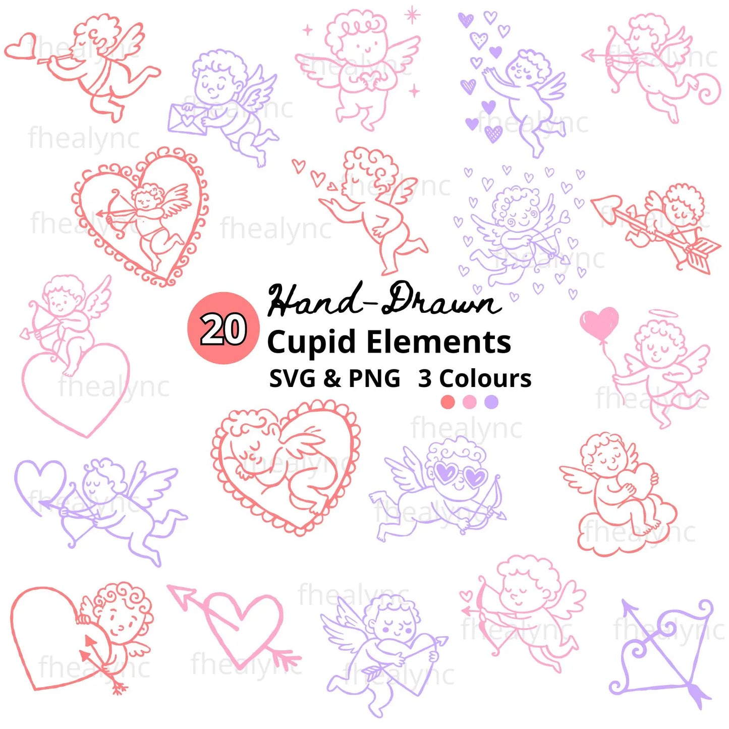 Hand Drawn Cupid SVG Bundle, Valentine Cupid Clipart SVG PNG, Cute Love Angel Line Art, Cricut Valentine Elements