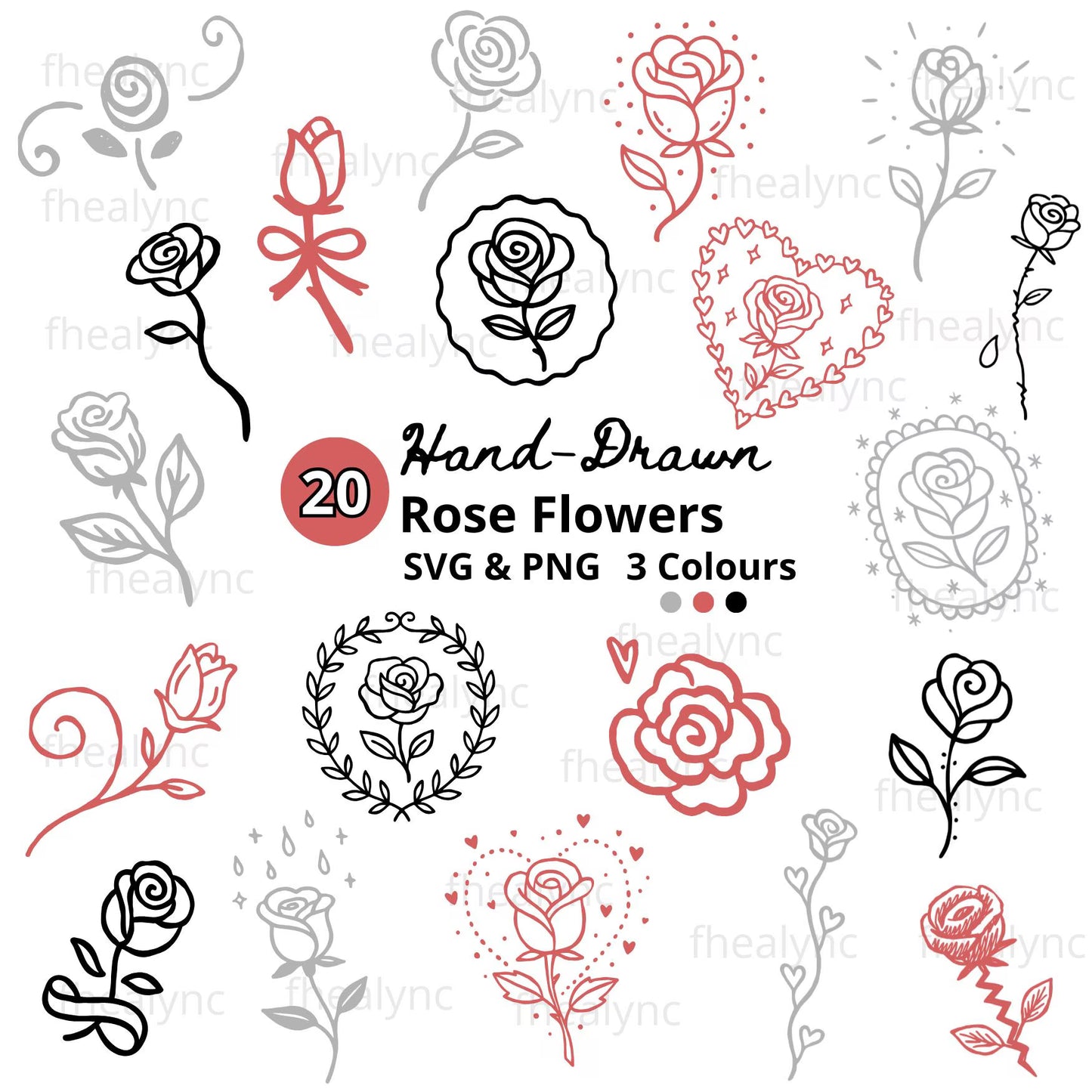 Hand Drawn Rose Flower SVG PNG Bundle for Cricut Crafts Romantic Designs (Digital Download)