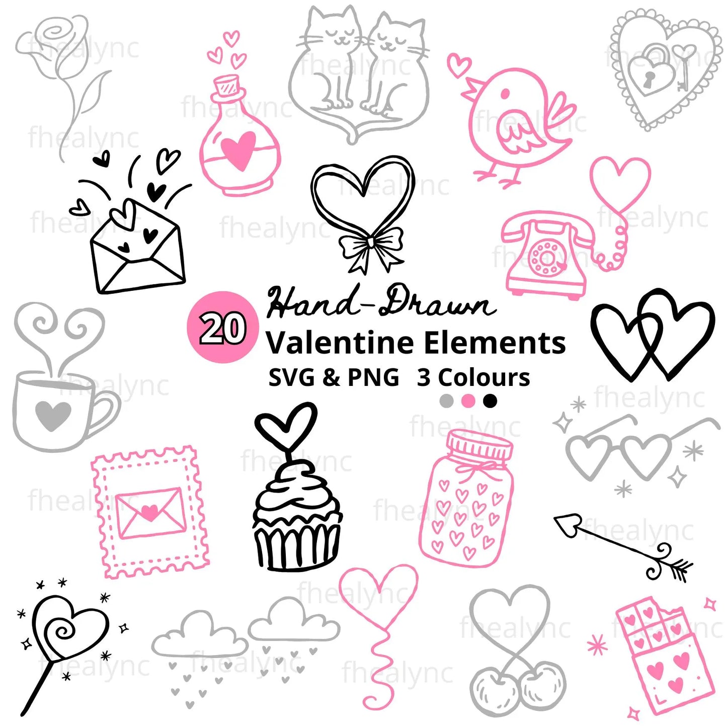 Hand Drawn Valentine Elements SVG PNG Bundle Cute Love Doodles Clipart (Digital Download)