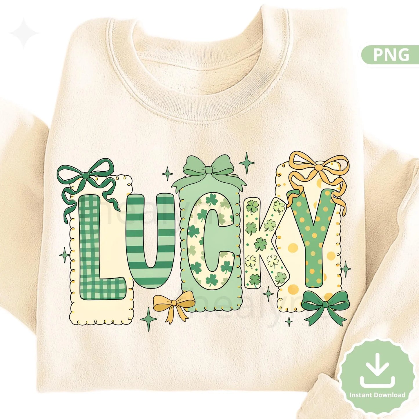 Lucky St Patrick’s Day PNG, Green Shamrock Lucky Letters Design, Cute Irish Sublimation Graphic (Digital Download)