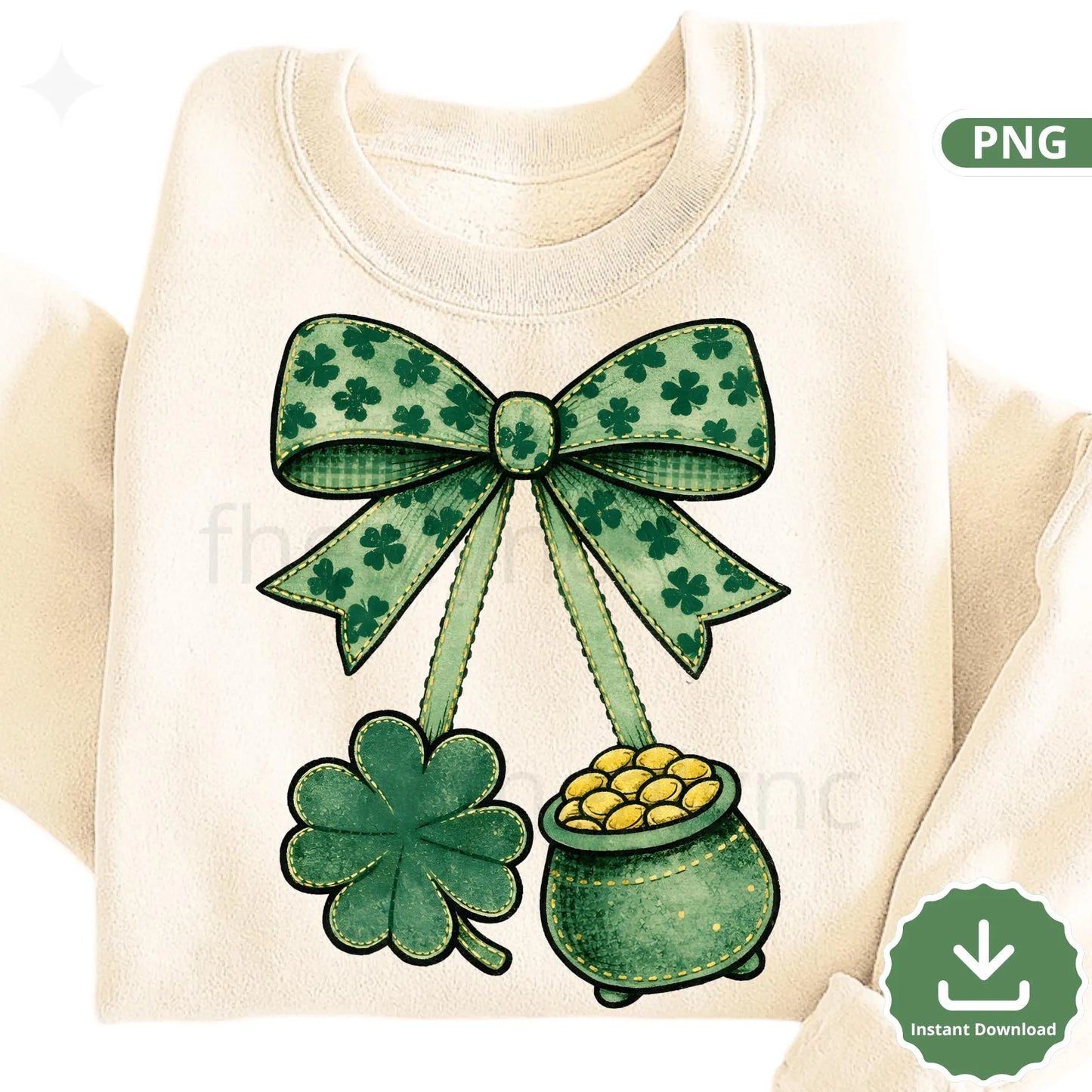 St Patrick’s Day Bow PNG with Shamrock & Pot of Gold, Lucky Clover Bow Clipart, Sublimation Crafts (Digital Download)