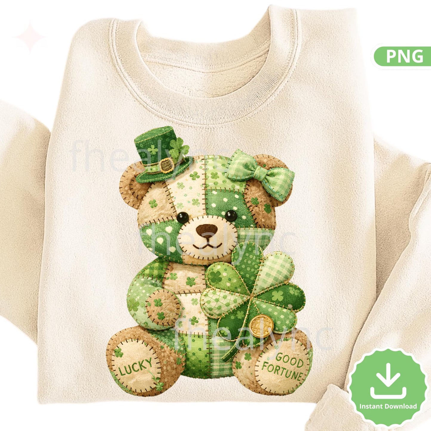 St Patrick’s Day Teddy Bear PNG Patchwork Shamrock Bear Clipart Lucky Bear (Digital Download)