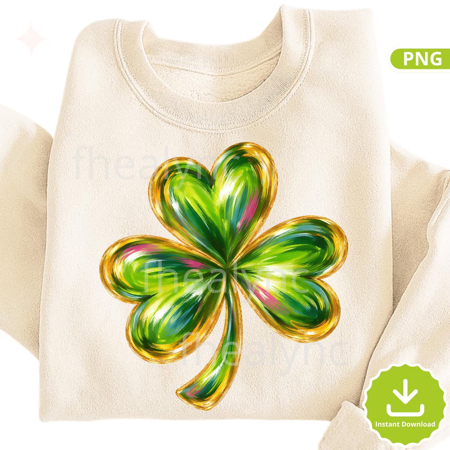 St Patrick’s Day Clover PNG, Glossy Clover Leaf PNG, Lucky Irish Shamrock Clipart, Green Gold Shamrock Design (Digital Download)