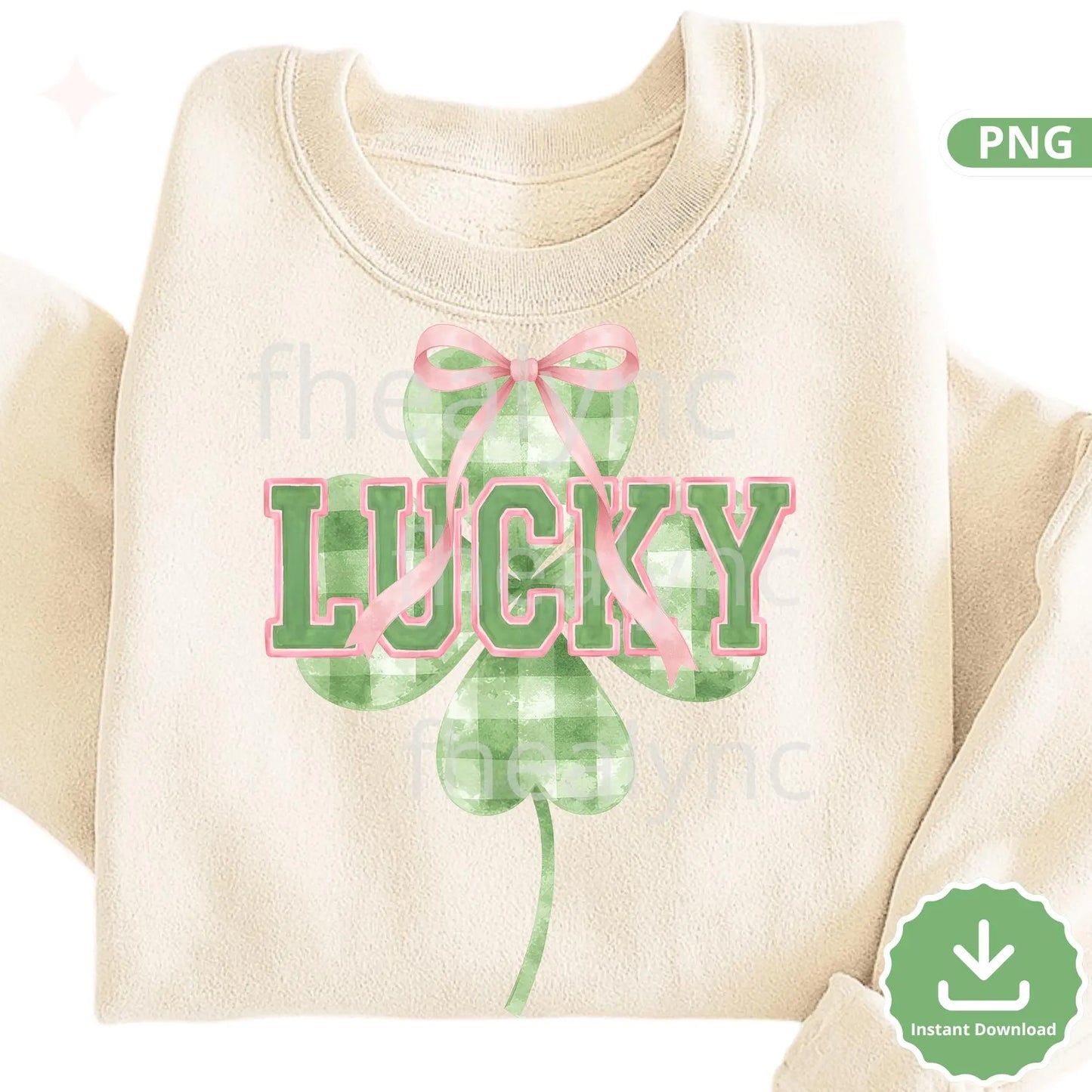Lucky Clover PNG with Pink Bow, St Patrick’s Day Shamrock PNG, Cute Lucky Design, Sublimation (Digital Download)