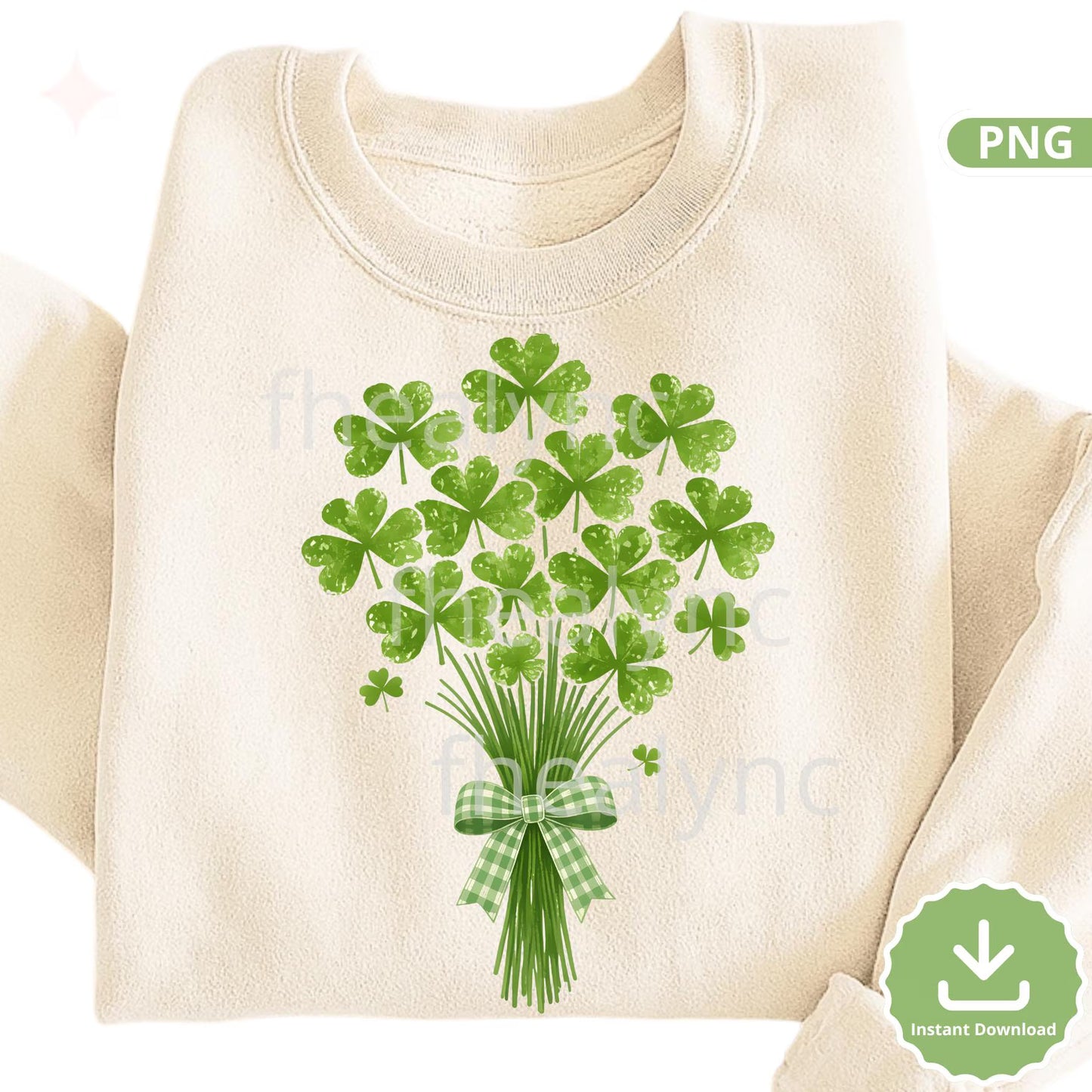 Lucky Clover Bouquet PNG, St Patrick’s Day Clover PNG, Lucky Shamrock Floral Clipart, Green Gingham Bow PNG, Sublimation (Digital Download)