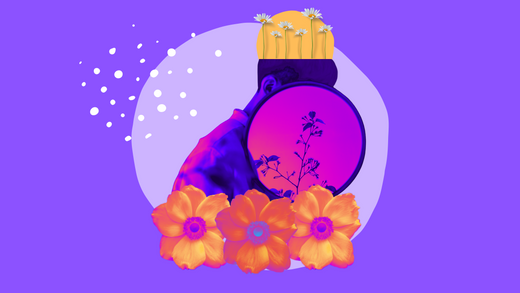 Digital artwork of self-love journey: person with mirror reflecting flowers, yellow daisies on head, and orange flowers below, set against a purple background. Symbolizes self-reflection and growth.