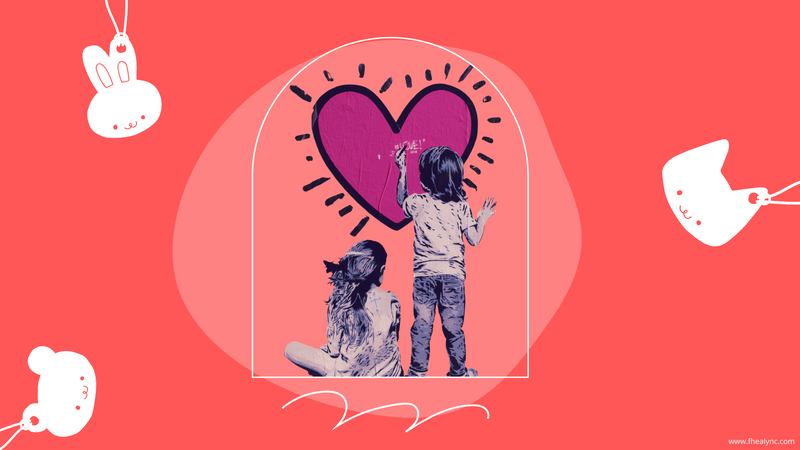 Children and Self-love: Two kids embracing a glowing heart, highlighting the importance of self-love in children against a vibrant red background.