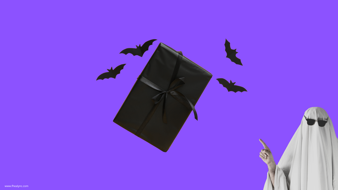 Cute Halloween T-Shirts Gift Concept with Black Gift Box, Bats, and Ghost Figure on Purple Background – Perfect for Ghost-Loving Friends