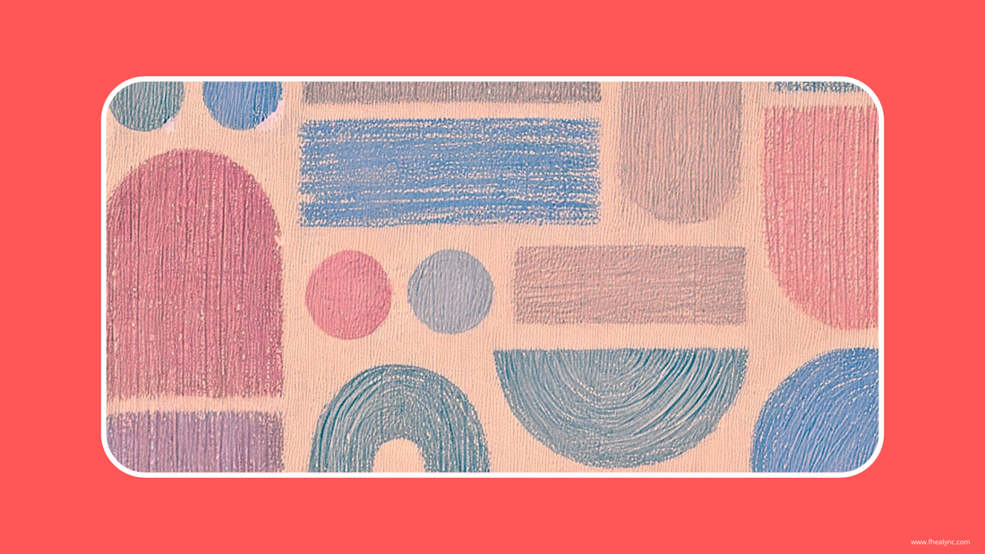 Abstract artwork with pastel shapes in pink, blue, and beige, symbolizing growth and self-belief, set against a bold red background with geometric patterns like circles, arches, and rectangles.