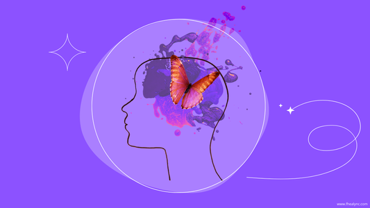 Abstract digital illustration of self-love and creativity, featuring a minimalist head outline, artistic splashes, and a butterfly symbolizing transformation and self-expression.