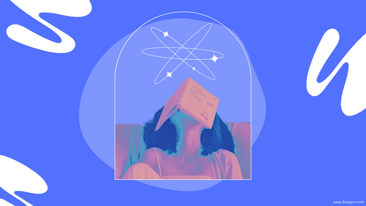 Vibrant illustration of a person with a book on their head, symbolizing self-love for introverts. Blue background with white shapes and atomic patterns, ideal for introverts seeking inner peace and personal growth.