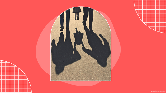 Family silhouettes walking, showing self-love for parents, with child and adult shadows on a sandy path, framed by a bright red background with simple patterns.