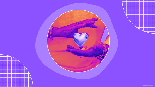 Hands holding a glowing heart, symbolizing the power to manifest self-love, set against a vibrant purple background.