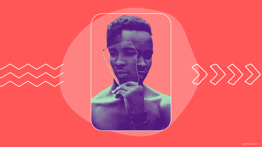 A man holding a broken mirror piece, symbolizing self-reflection and growth, with vibrant red and purple tones highlighting the theme of self-love as a man.