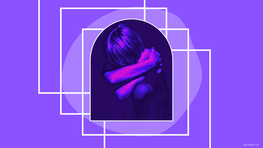 A person sitting with their arms wrapped around their knees, representing the concept of when self love becomes selfish, reflecting introspection and isolation against a purple abstract background.