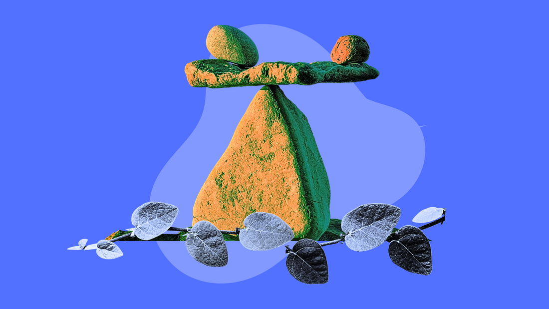 Abstract image of balanced rocks on a branch with leaves against a blue background.