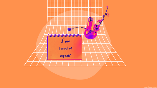 Artistic image of a notebook with 'I am proud of myself' quote, set on an orange background with a lightbulb and flower, ideal for 'What is self love quotes' inspiration.