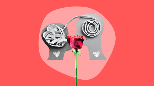 Two gray silhouette heads with white swirls, connected by a red rose, on a pink and red background