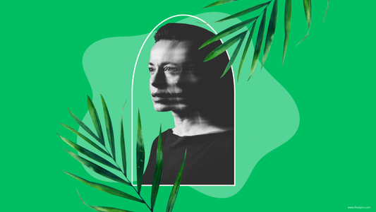 A black and white portrait of a person doing negative self talk framed by tropical leaves on a vibrant green background.