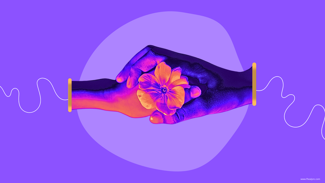  An artistic image featuring two hands holding a flower against a vibrant purple background, symbolizing support and self-esteem.