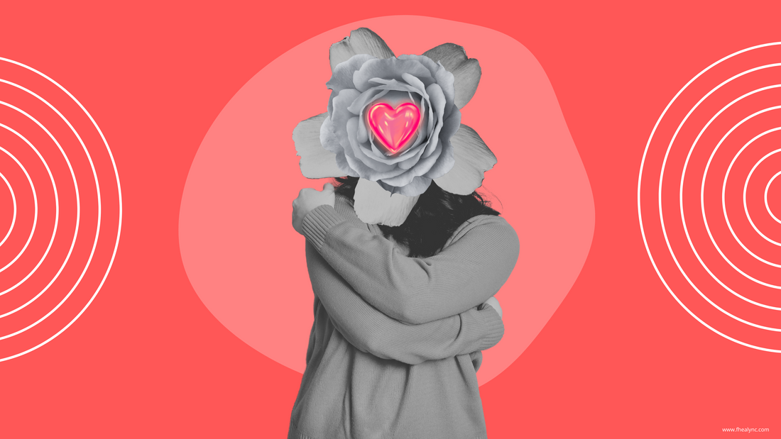 What Self-Love Is Not: Clearing Up the Confusion" – A person hugging themselves with a flower head and glowing heart, representing self-acceptance and compassion.