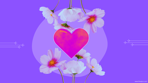 Self-love with flowers – A pink heart surrounded by delicate purple cosmos flowers on a vibrant purple background, symbolizing self-love, self-care, and inner growth