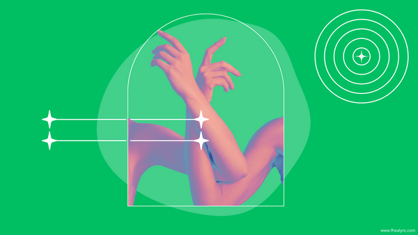 Abstract digital art symbolizing body positivity and self-love with gracefully posed arms and vibrant elements.