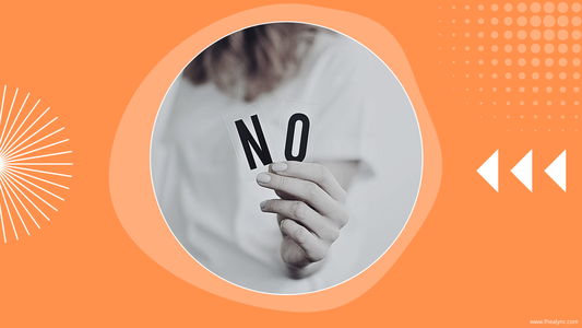 Hand holding 'NO' cards, symbolizing boundaries and self-love, set against an orange artistic background.