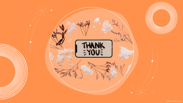 Gratitude and self-love artwork with a 'Thank You' message and floral elements on an orange background.