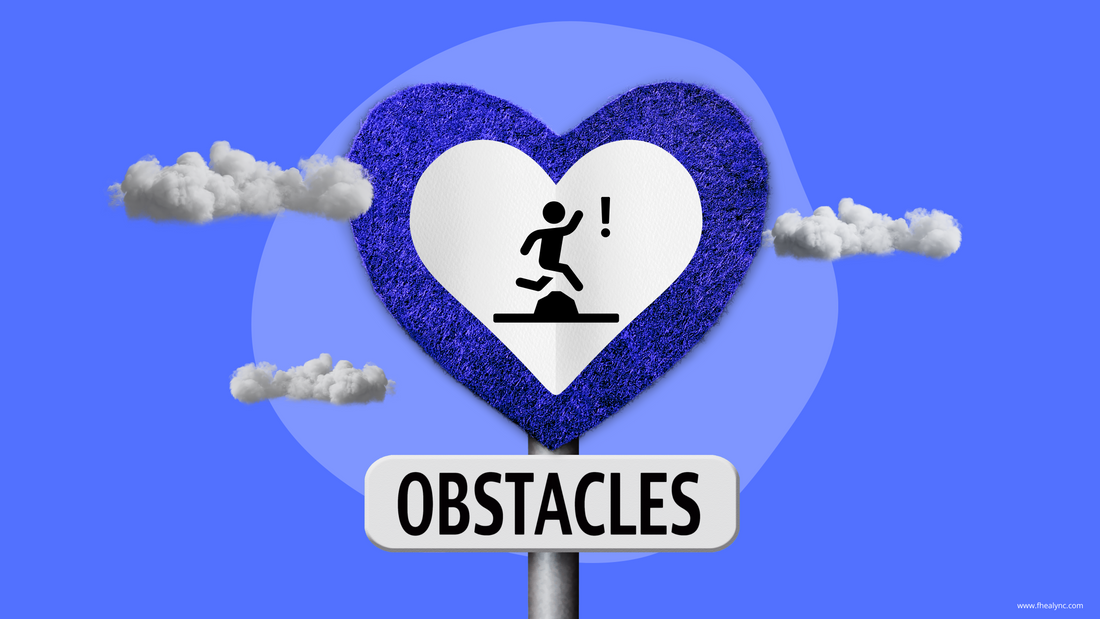 Illustration of self-love obstacles with a person overcoming hurdles inside a heart-shaped sign on a blue background.