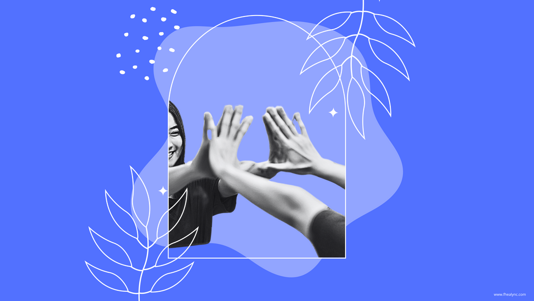 A vibrant blue graphic featuring two people high-fiving, framed by abstract shapes and leaf line art, with 'www.fhealync.com' in the bottom right corner.