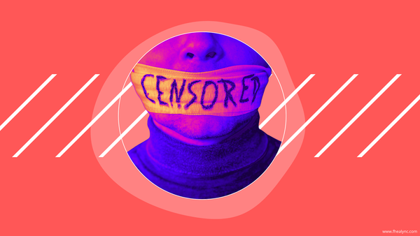 A person with their mouth covered by a band labeled "CENSORED," symbolizing self-censorship and suppressed expression.