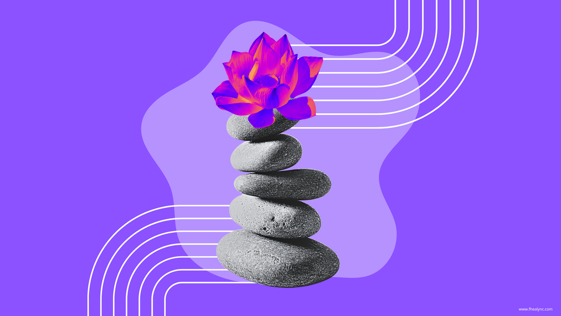 Stacked zen stones with a lotus flower on a purple background, representing self-love and mindfulness.