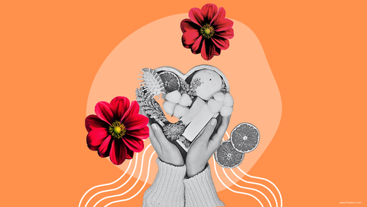 Hands holding a heart-shaped self-care arrangement, with red flowers and citrus slices on an orange background, and 'www.fhealync.com' in the bottom right.