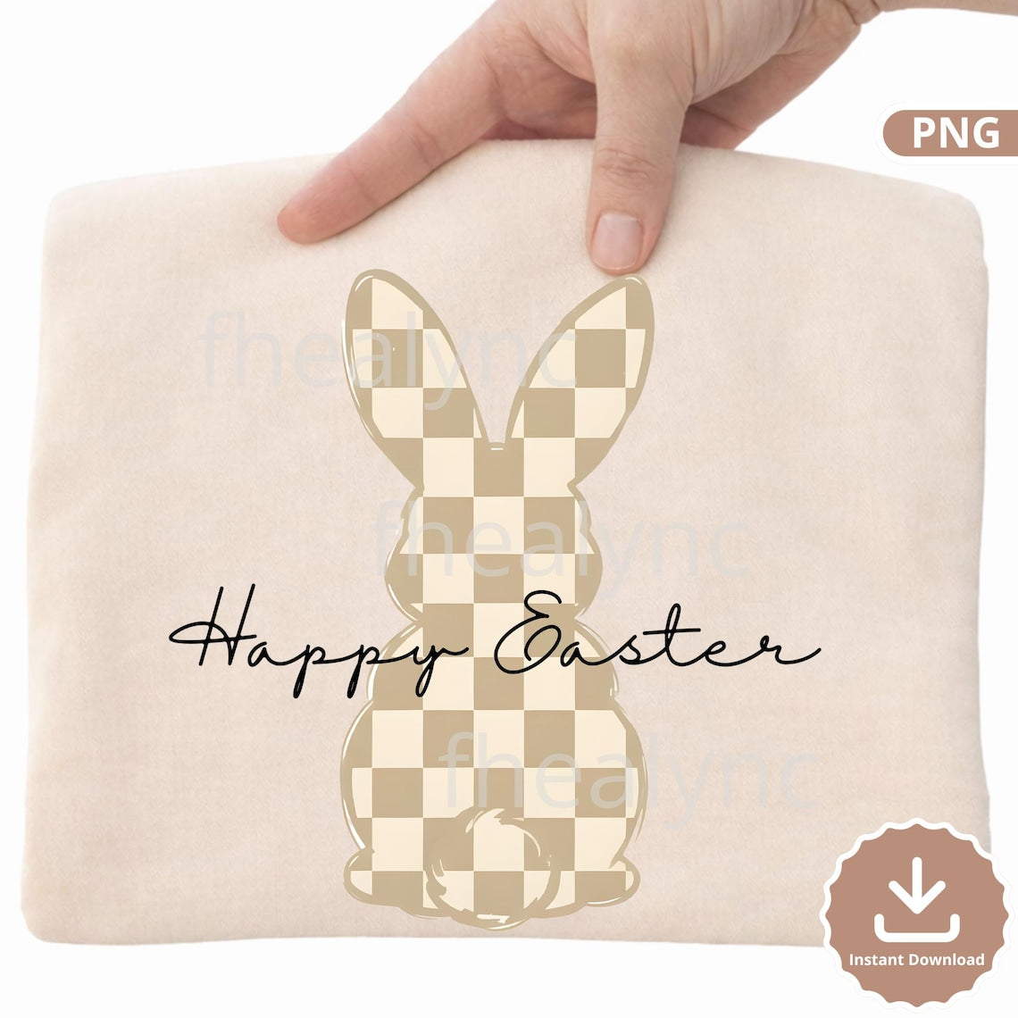 Happy Easter Bunny PNG, Neutral Checkered Easter Rabbit Design (Digital Download)