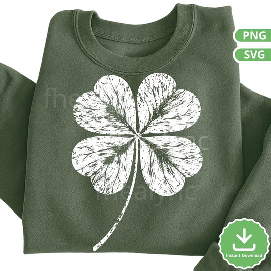 Four Leaf Clover SVG, Shamrock PNG, Vintage Distressed Lucky Clover Cut File, St Patricks Day Shirt Design, Cricut (Digital Download)