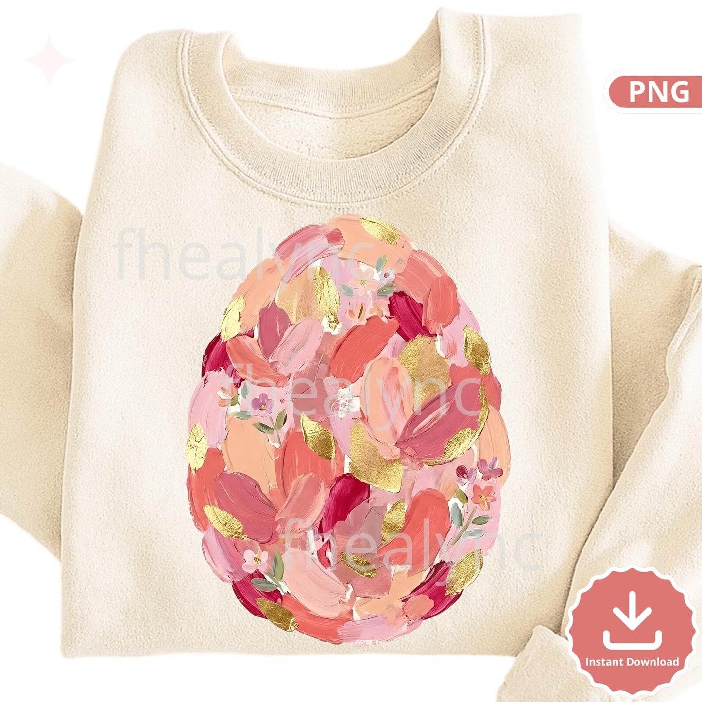 Floral Easter Egg PNG, Hand Painted Spring Egg Sublimation Design, Gold Foil Easter Clipart (Digital Download)