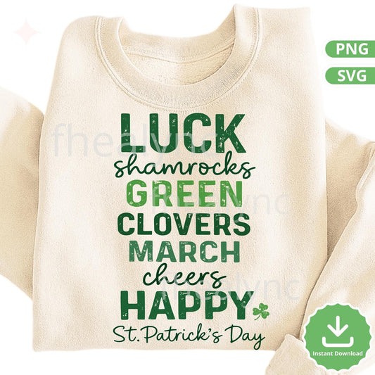Lucky Shamrocks Green Clovers March SVG PNG, Happy St Patricks Day Shirt Design, St Paddy's Day Cricut Cut File (Digital Download)